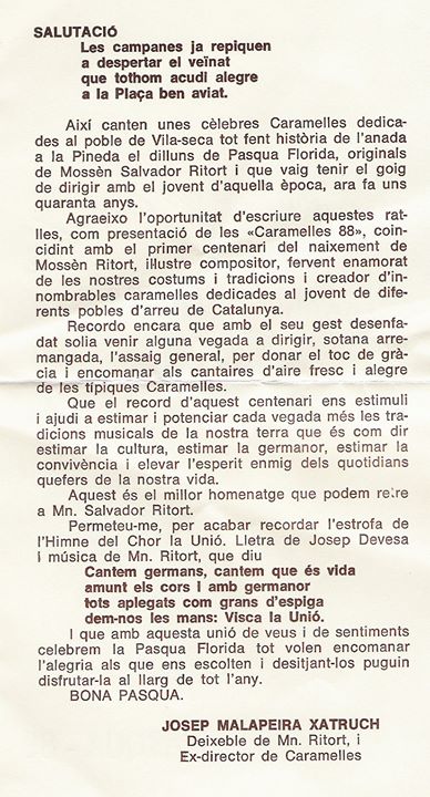 Salutació de l'Alcalde Josep Malapeira, any 1988